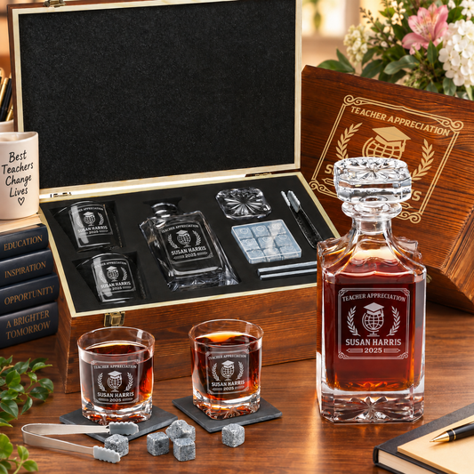 Education Company Gifts – Square Decanter Set with 2 Glasses, 9 Whiskey Stones & Wooden Box – image 01