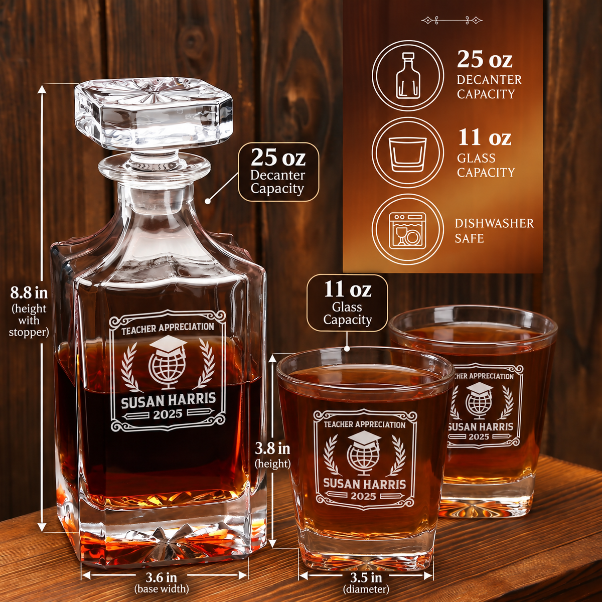 Education Company Gifts – Square Decanter Set with 2 Glasses, 9 Whiskey Stones & Wooden Box product image
