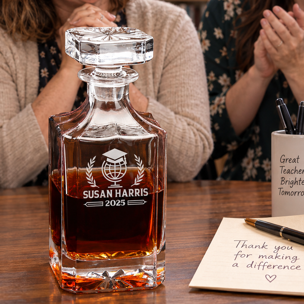 Education Company Gifts – Square Decanter Set with 2 Glasses, 9 Whiskey Stones & Wooden Box product image