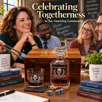 Education Company Gifts – Square Decanter Set with 2 Glasses, 9 Whiskey Stones & Wooden Box – image 05