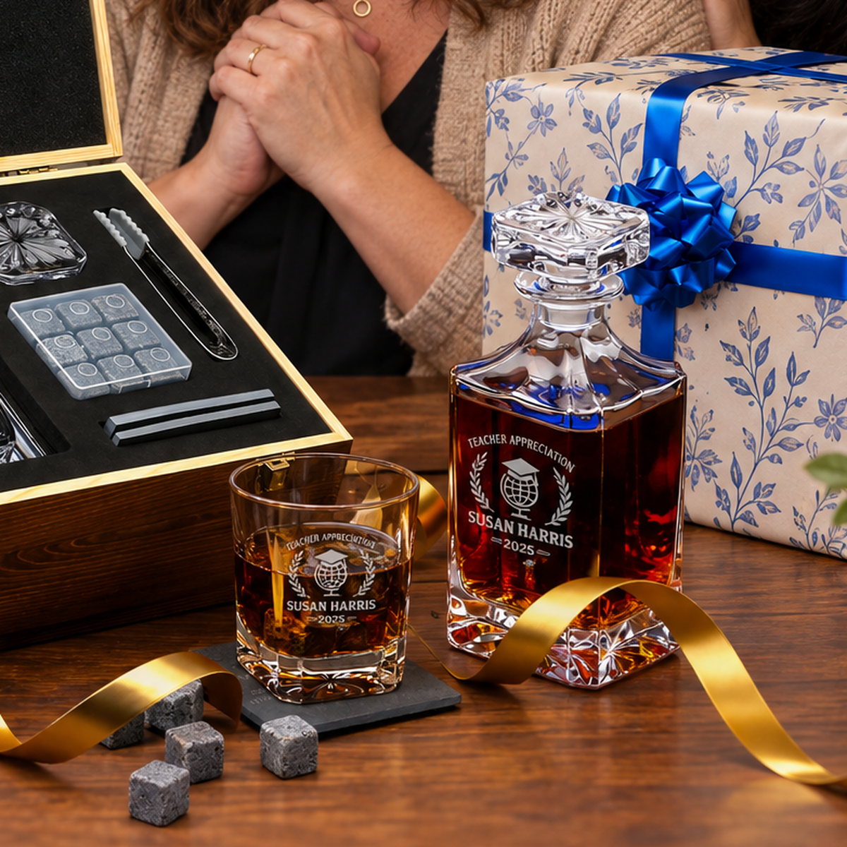 Education Company Gifts – Square Decanter Set with 2 Glasses, 9 Whiskey Stones & Wooden Box product image