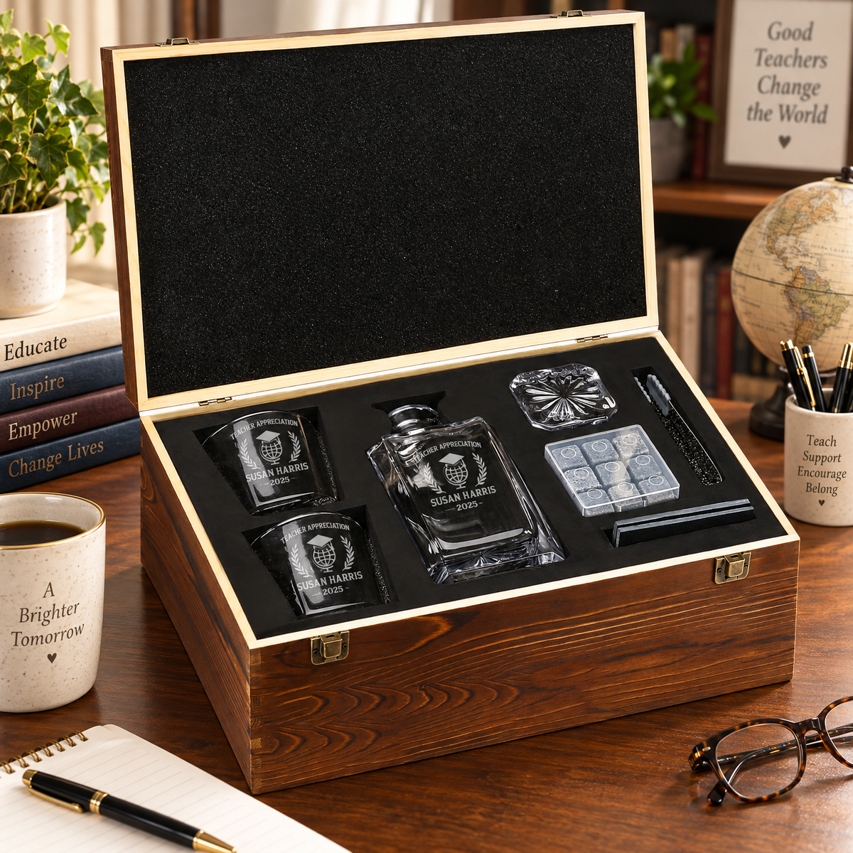 Education Company Gifts – Square Decanter Set with 2 Glasses, 9 Whiskey Stones & Wooden Box – image 10