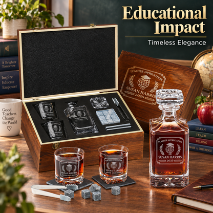 Education Company Gifts – Square Decanter Set with 2 Glasses, 9 Whiskey Stones & Wooden Box – image 12
