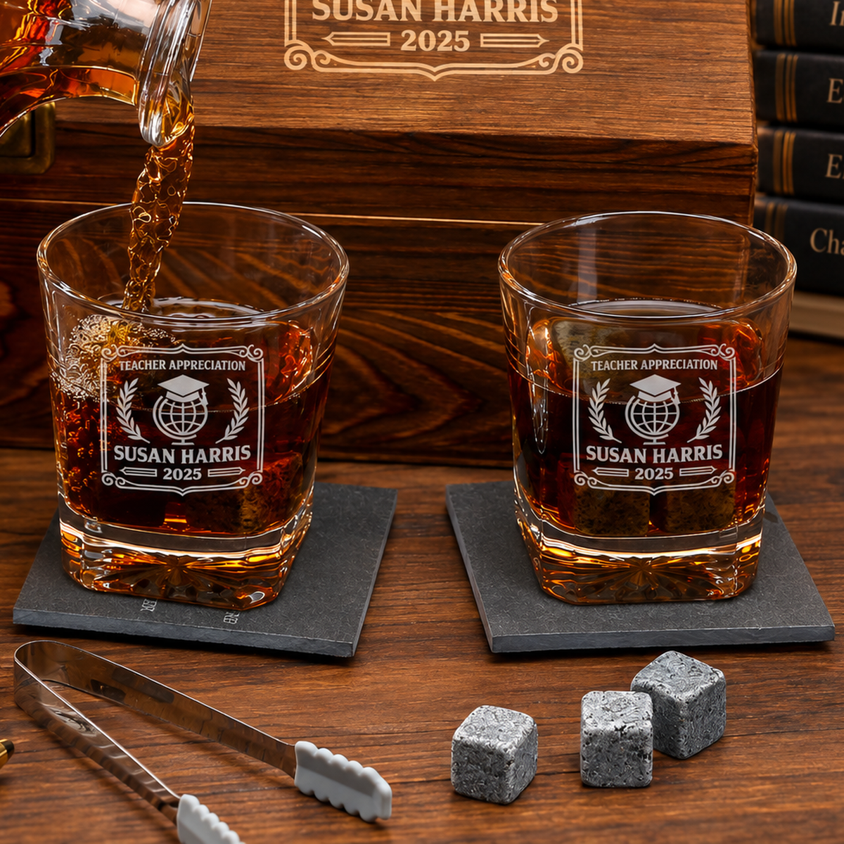 Education Company Gifts – Square Decanter Set with 2 Glasses, 9 Whiskey Stones & Wooden Box – image 14