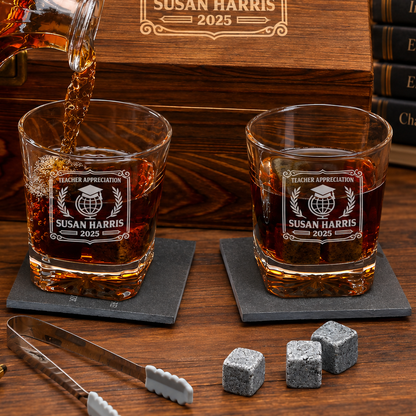 Education Company Gifts – Square Decanter Set with 2 Glasses, 9 Whiskey Stones & Wooden Box – image 14