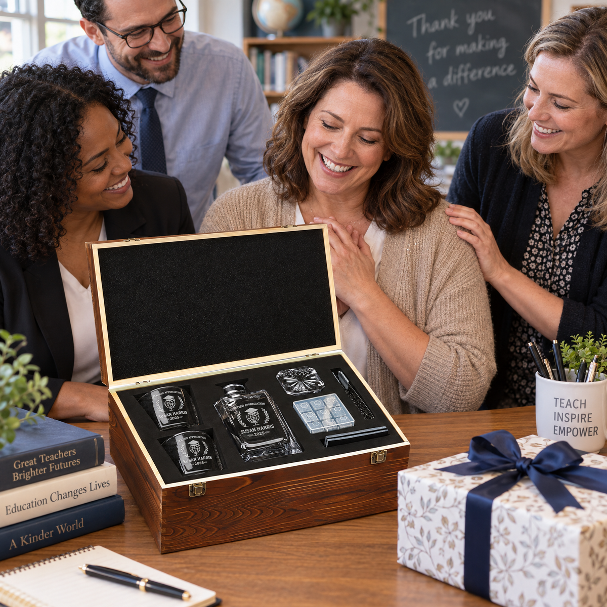 Education Company Gifts – Square Decanter Set with 2 Glasses, 9 Whiskey Stones & Wooden Box product image