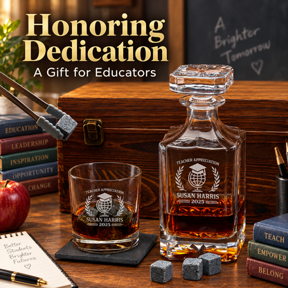 Education Company Gifts – Square Decanter Set with 2 Glasses, 9 Whiskey Stones & Wooden Box – image 20