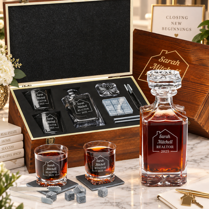 Real Estate Company Gifts – Square Decanter Set with 2 Glasses, 9 Whiskey Stones & Wooden Box – image 01