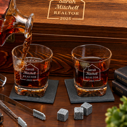 Real Estate Company Gifts – Square Decanter Set with 2 Glasses, 9 Whiskey Stones & Wooden Box – image 04