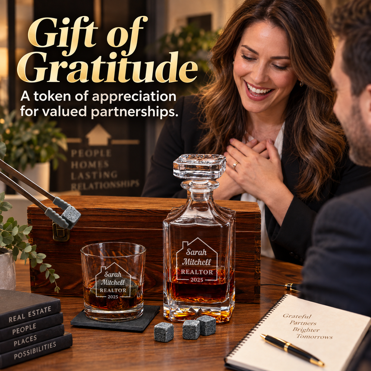 Real Estate Company Gifts – Square Decanter Set with 2 Glasses, 9 Whiskey Stones & Wooden Box – image 05