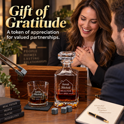 Real Estate Company Gifts – Square Decanter Set with 2 Glasses, 9 Whiskey Stones & Wooden Box – image 05