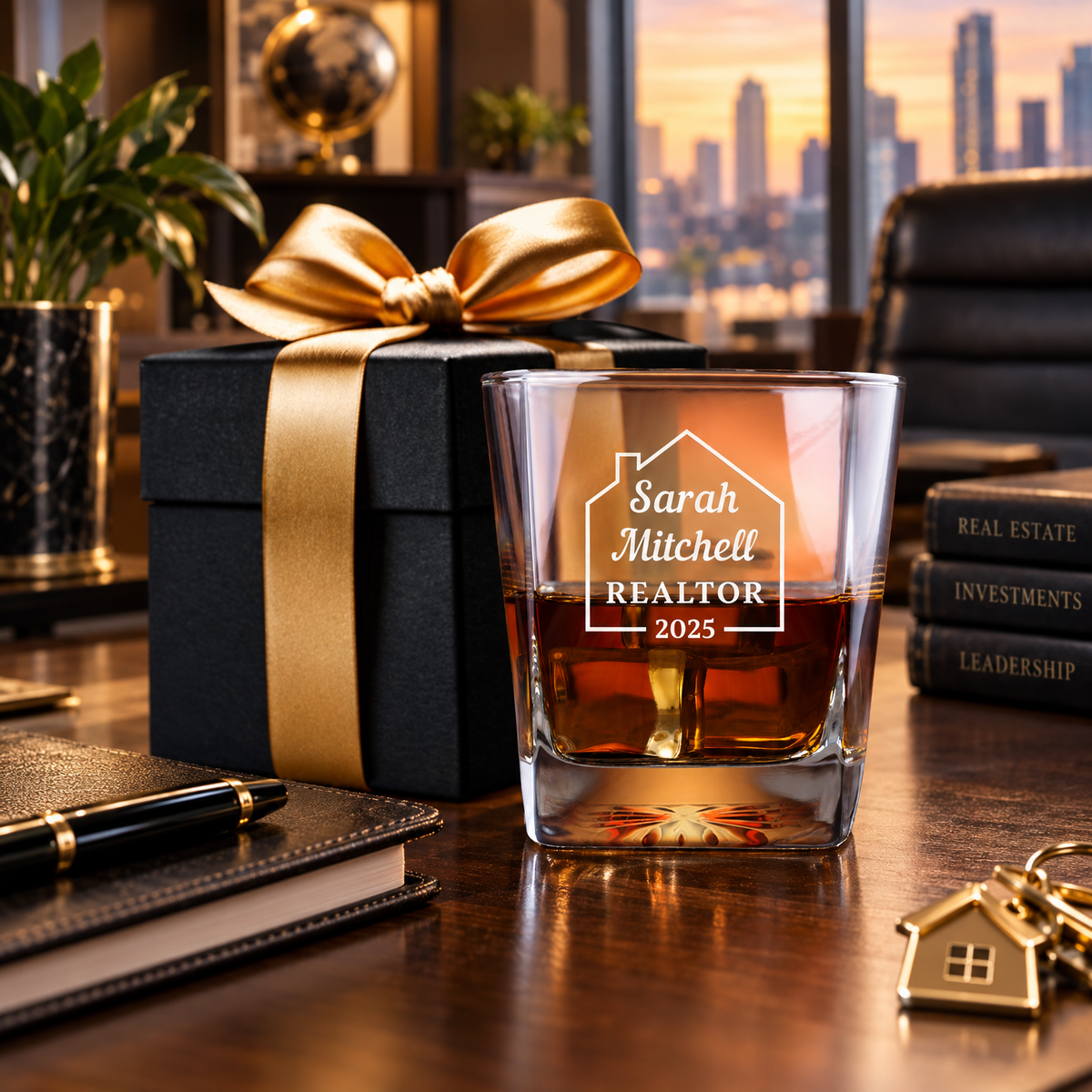 Real Estate Company Gifts – Square Decanter Set with 2 Glasses, 9 Whiskey Stones & Wooden Box product image
