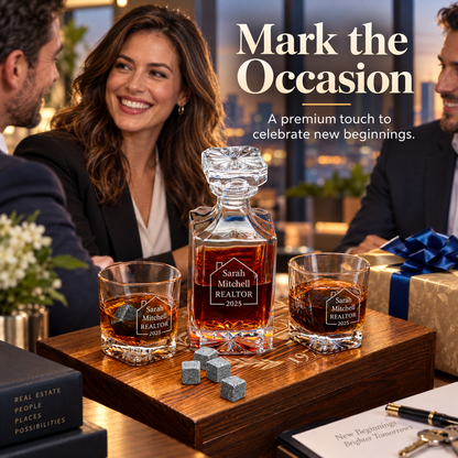 Real Estate Company Gifts – Square Decanter Set with 2 Glasses, 9 Whiskey Stones & Wooden Box – image 09