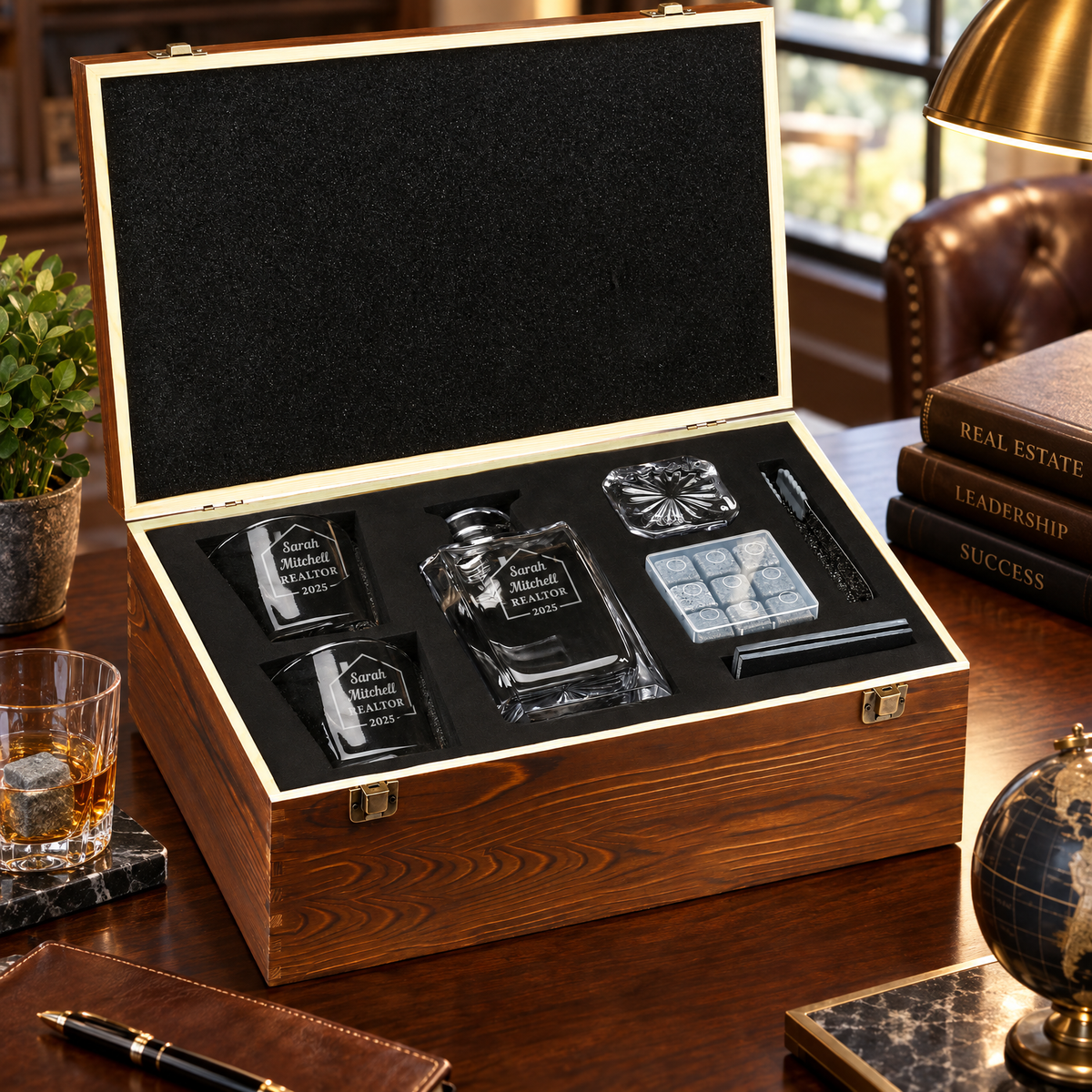 Real Estate Company Gifts – Square Decanter Set with 2 Glasses, 9 Whiskey Stones & Wooden Box product image