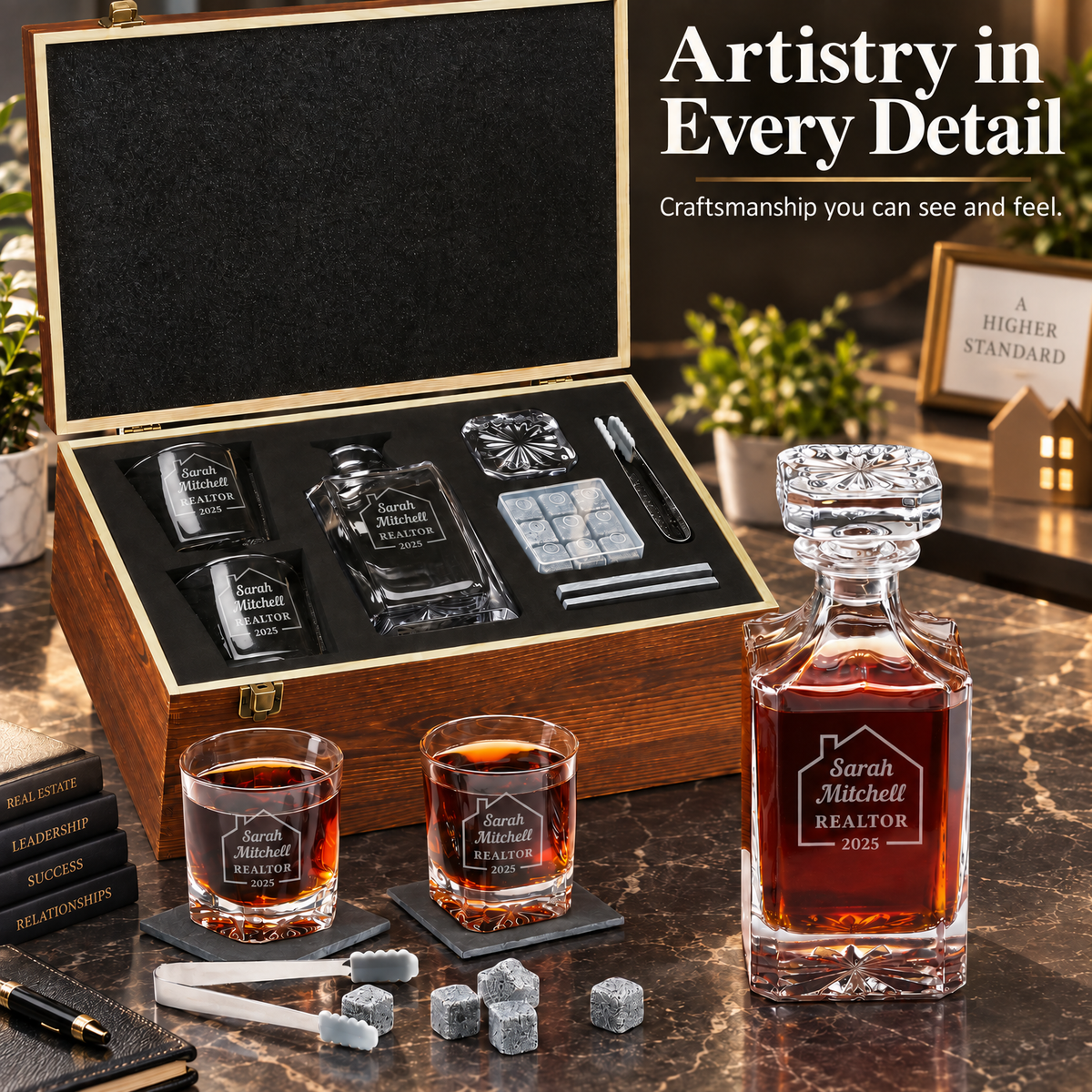 Real Estate Company Gifts – Square Decanter Set with 2 Glasses, 9 Whiskey Stones & Wooden Box – image 12