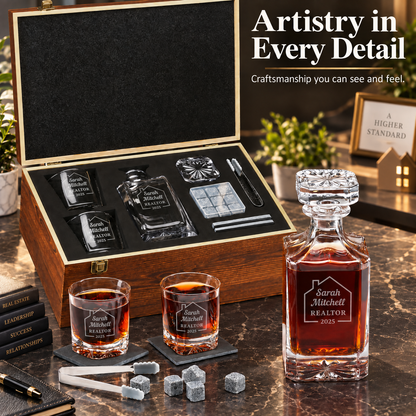 Real Estate Company Gifts – Square Decanter Set with 2 Glasses, 9 Whiskey Stones & Wooden Box – image 12