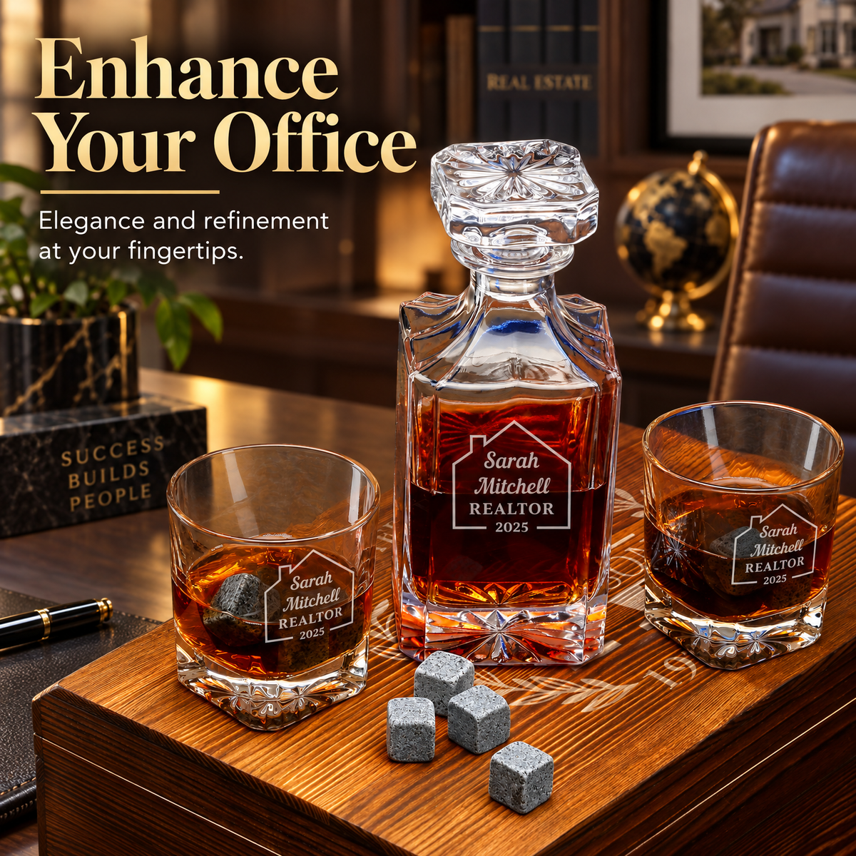 Real Estate Company Gifts – Square Decanter Set with 2 Glasses, 9 Whiskey Stones & Wooden Box – image 16