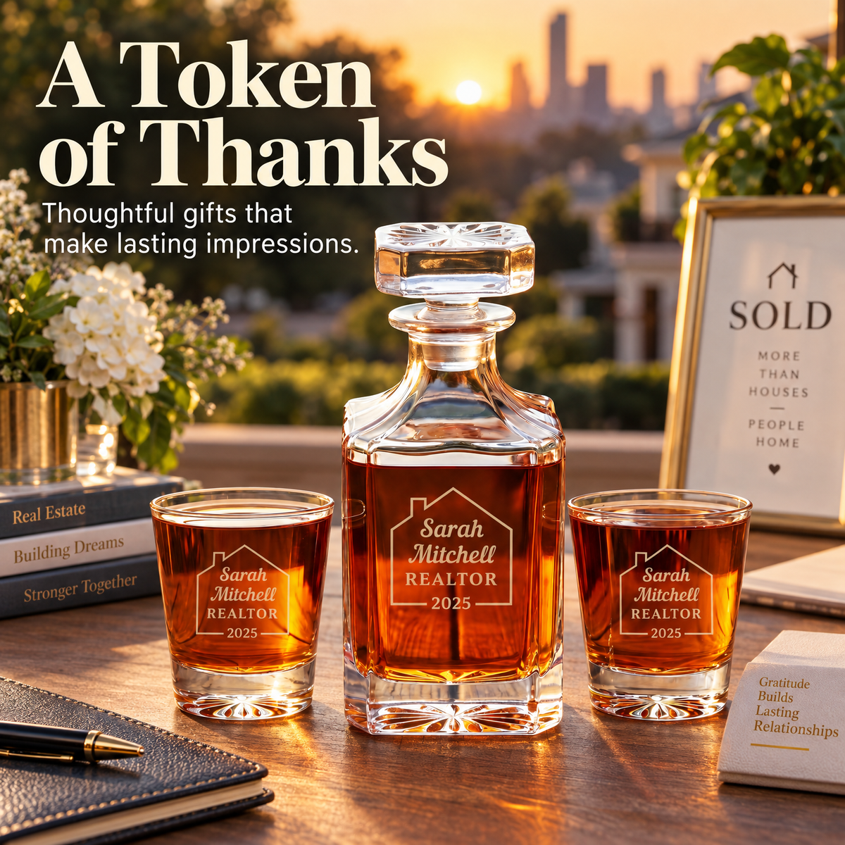 Real Estate Company Gifts – Square Decanter Set with 2 Glasses, 9 Whiskey Stones & Wooden Box – image 18
