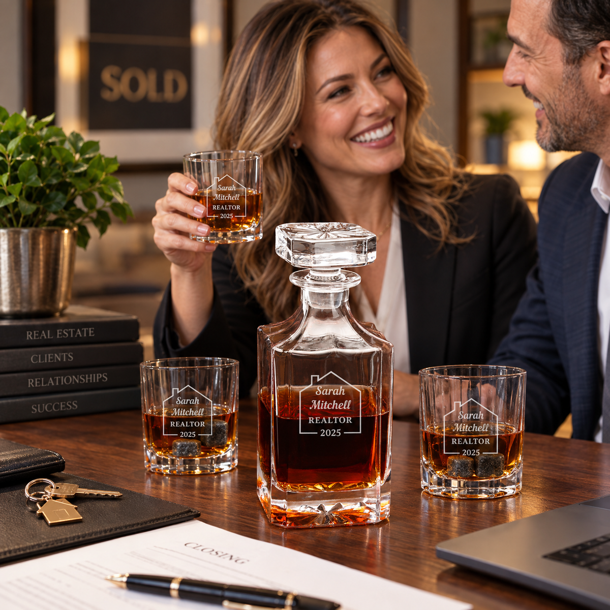 Real Estate Company Gifts – Square Decanter Set with 2 Glasses, 9 Whiskey Stones & Wooden Box – image 19