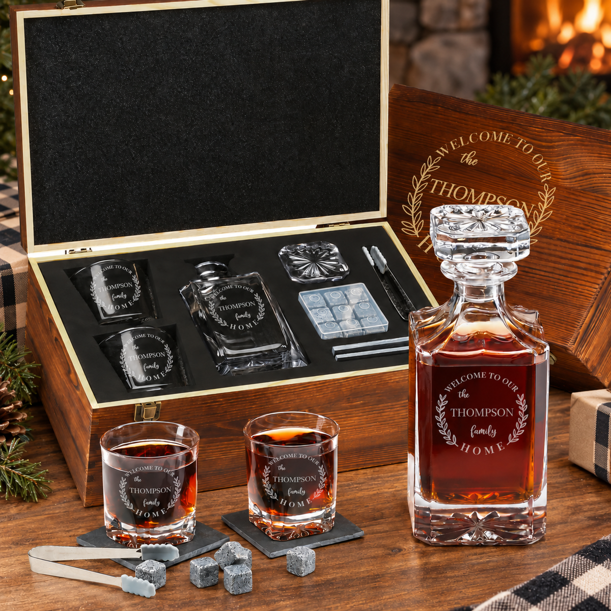 Family Gift – Square Decanter Set with 2 Glasses, 9 Whiskey Stones & Wooden Box product image