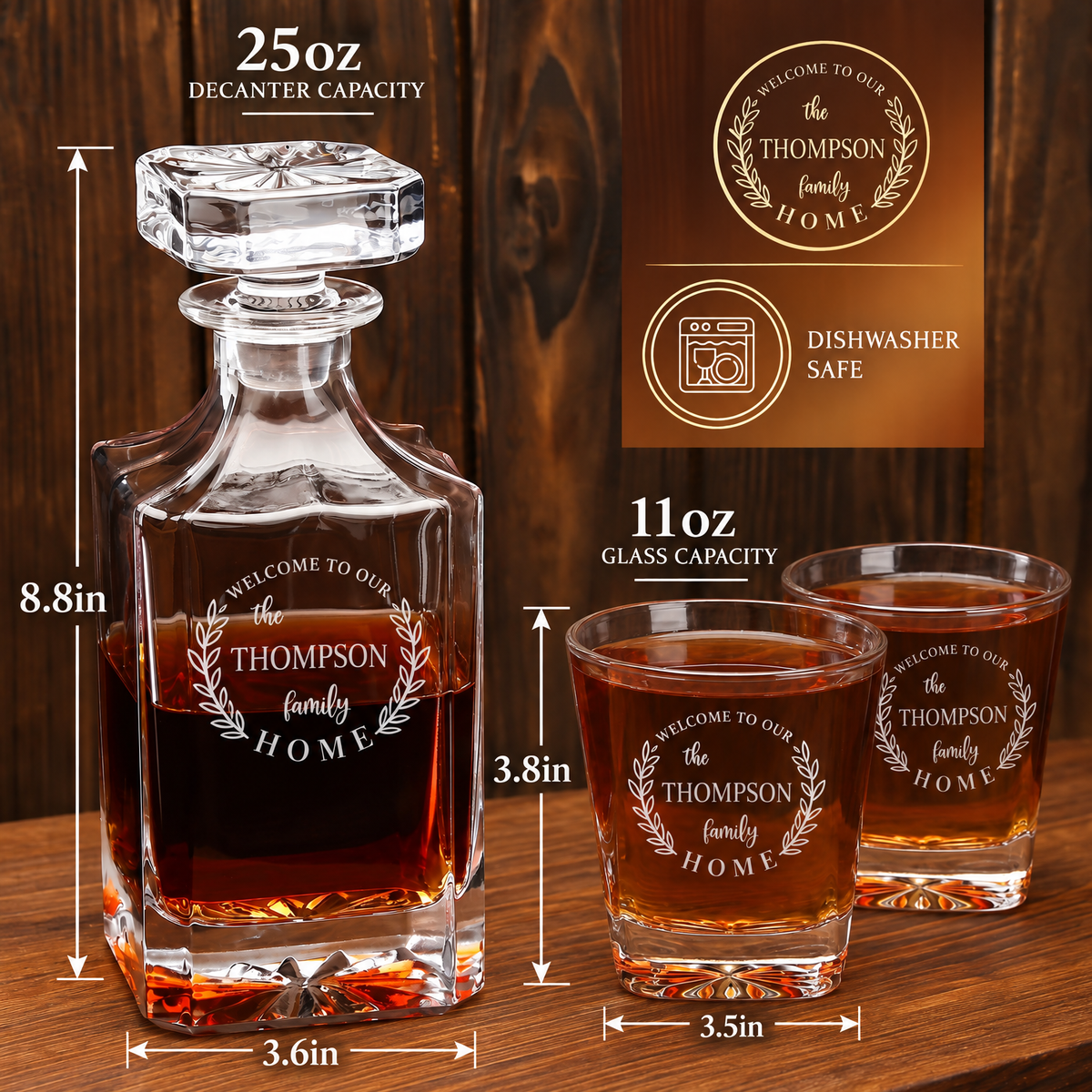 Family Gift – Square Decanter Set with 2 Glasses, 9 Whiskey Stones & Wooden Box – image 02