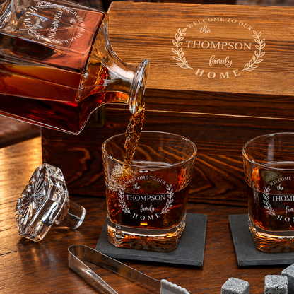 Family Gift – Square Decanter Set with 2 Glasses, 9 Whiskey Stones & Wooden Box – image 04