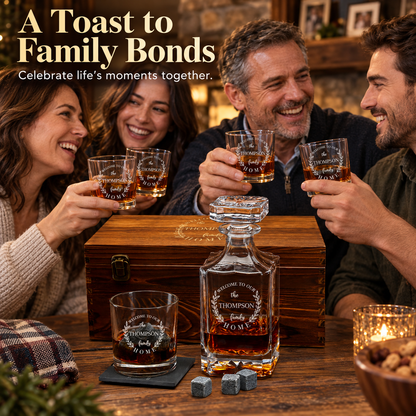 Family Gift – Square Decanter Set with 2 Glasses, 9 Whiskey Stones & Wooden Box – image 05