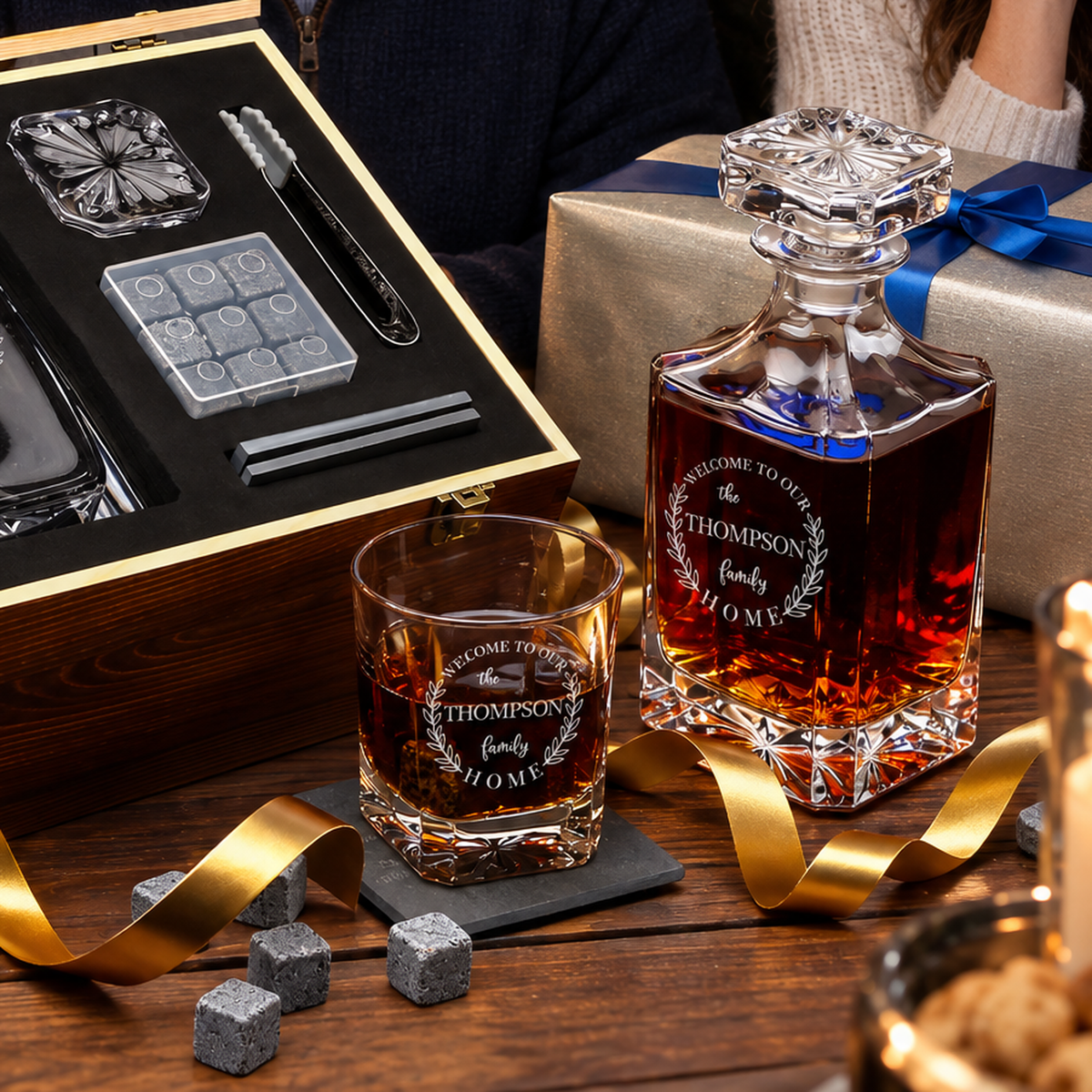 Family Gift – Square Decanter Set with 2 Glasses, 9 Whiskey Stones & Wooden Box product image