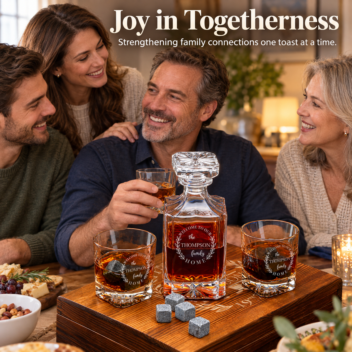 Family Gift – Square Decanter Set with 2 Glasses, 9 Whiskey Stones & Wooden Box product image