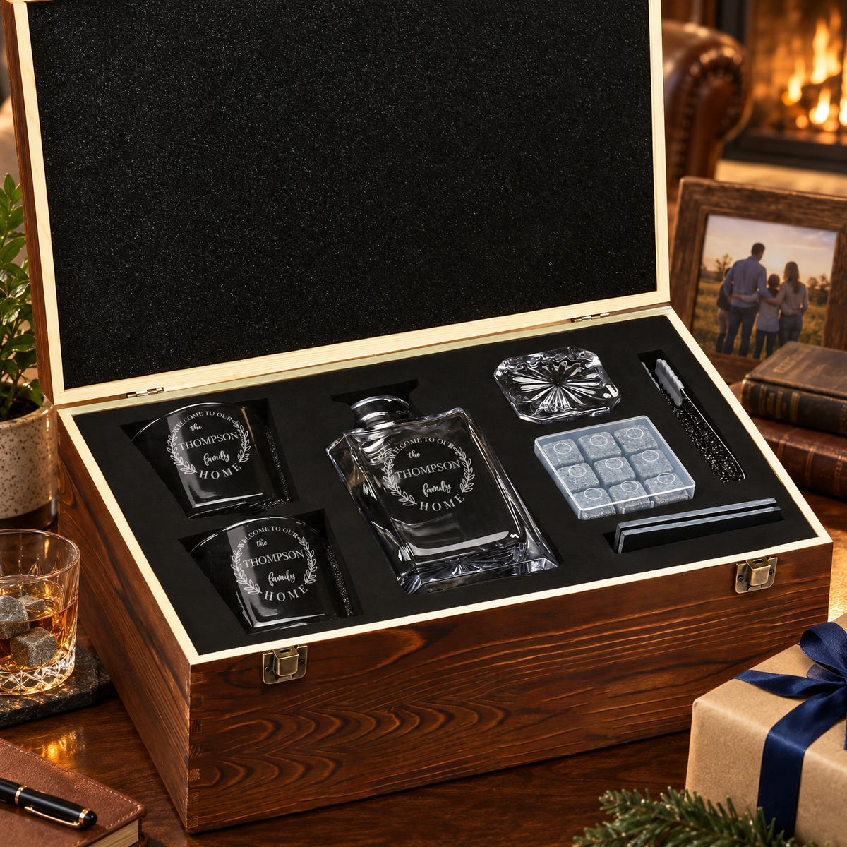 Family Gift – Square Decanter Set with 2 Glasses, 9 Whiskey Stones & Wooden Box product image
