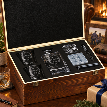 Family Gift – Square Decanter Set with 2 Glasses, 9 Whiskey Stones & Wooden Box – image 10