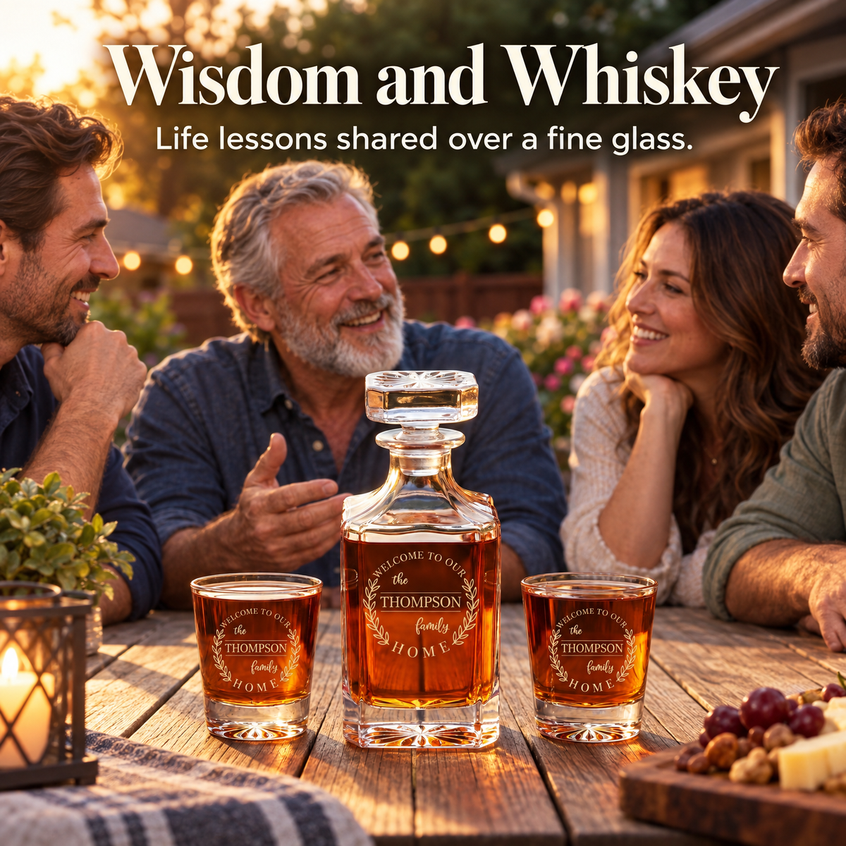 Family Gift – Square Decanter Set with 2 Glasses, 9 Whiskey Stones & Wooden Box product image