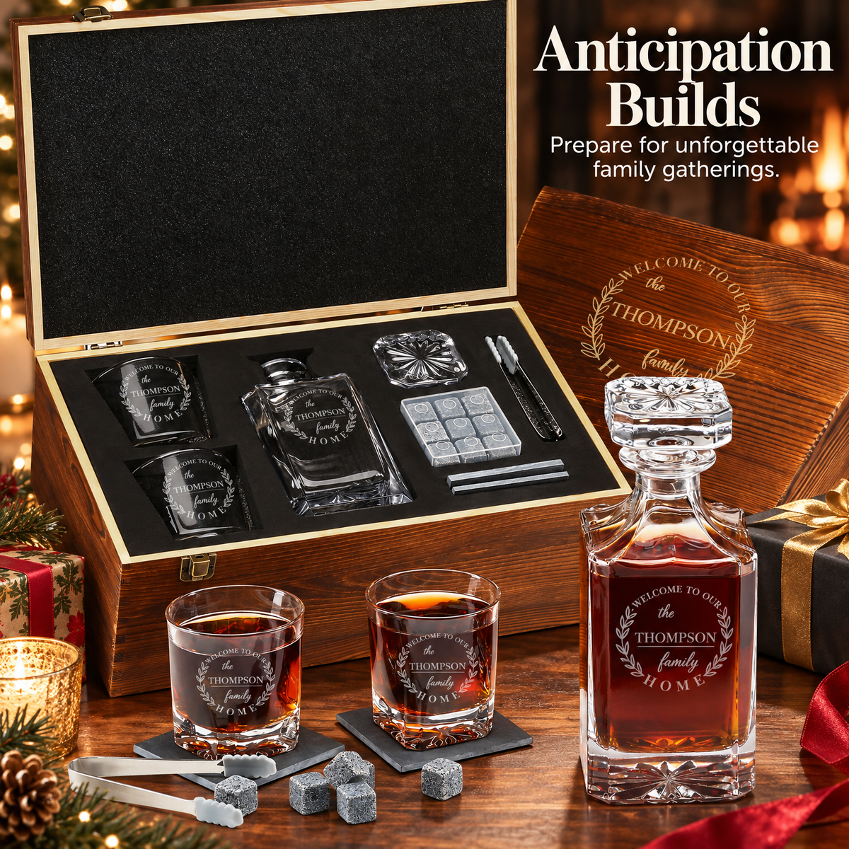 Family Gift – Square Decanter Set with 2 Glasses, 9 Whiskey Stones & Wooden Box product image