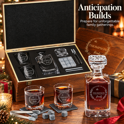 Family Gift – Square Decanter Set with 2 Glasses, 9 Whiskey Stones & Wooden Box – image 12