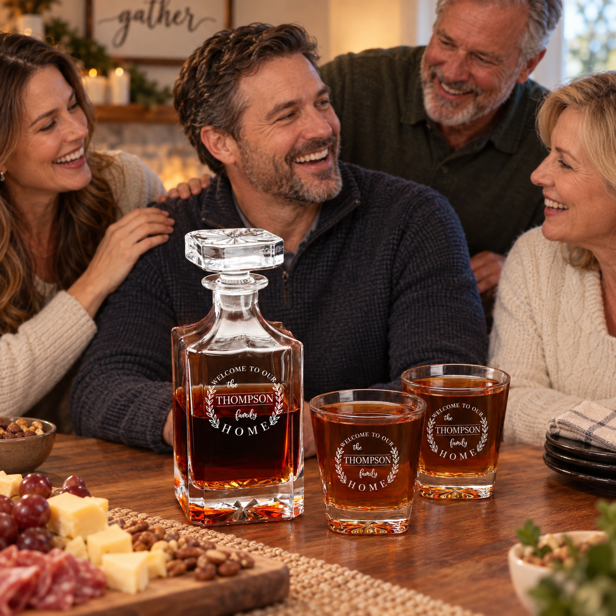 Family Gift – Square Decanter Set with 2 Glasses, 9 Whiskey Stones & Wooden Box product image