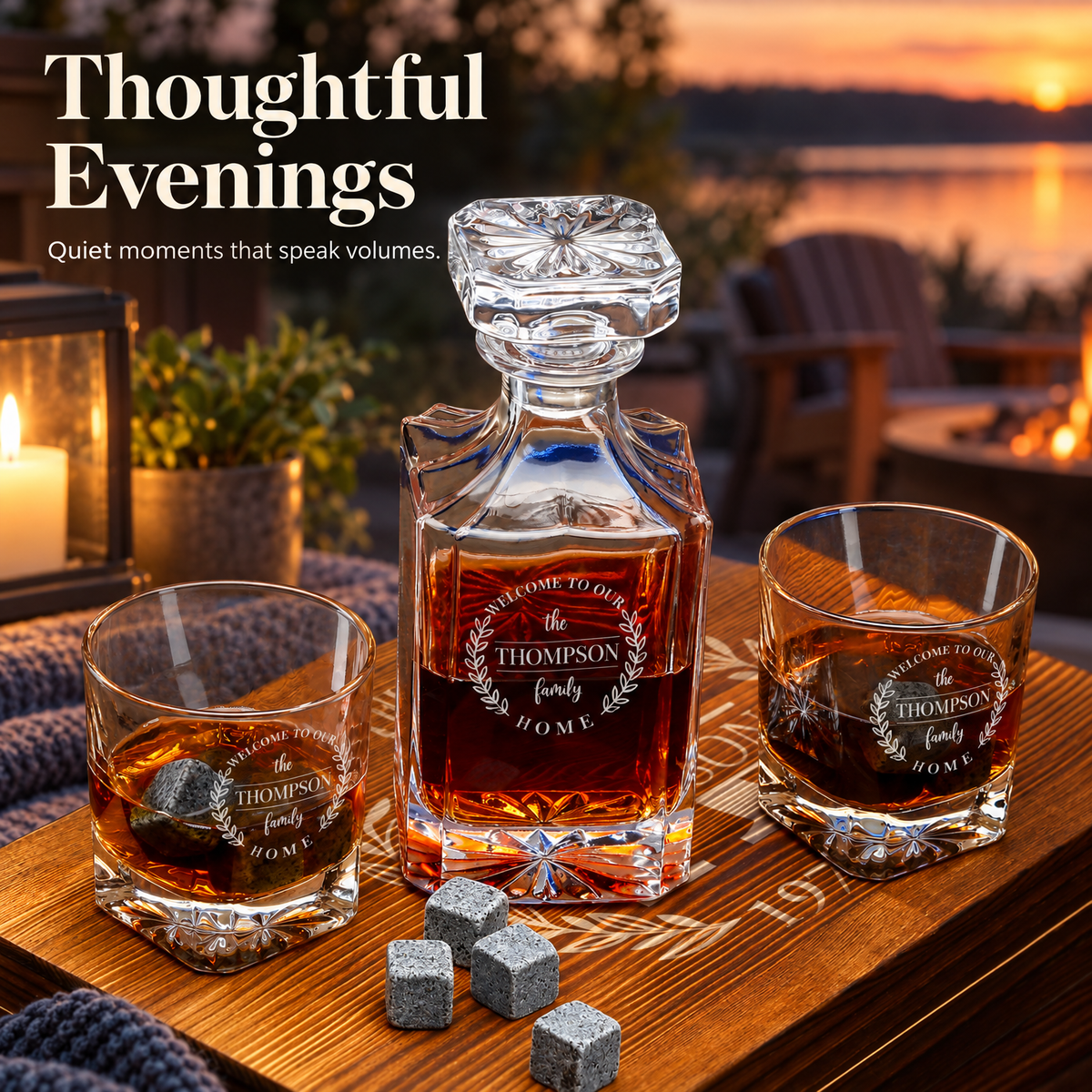 Family Gift – Square Decanter Set with 2 Glasses, 9 Whiskey Stones & Wooden Box product image