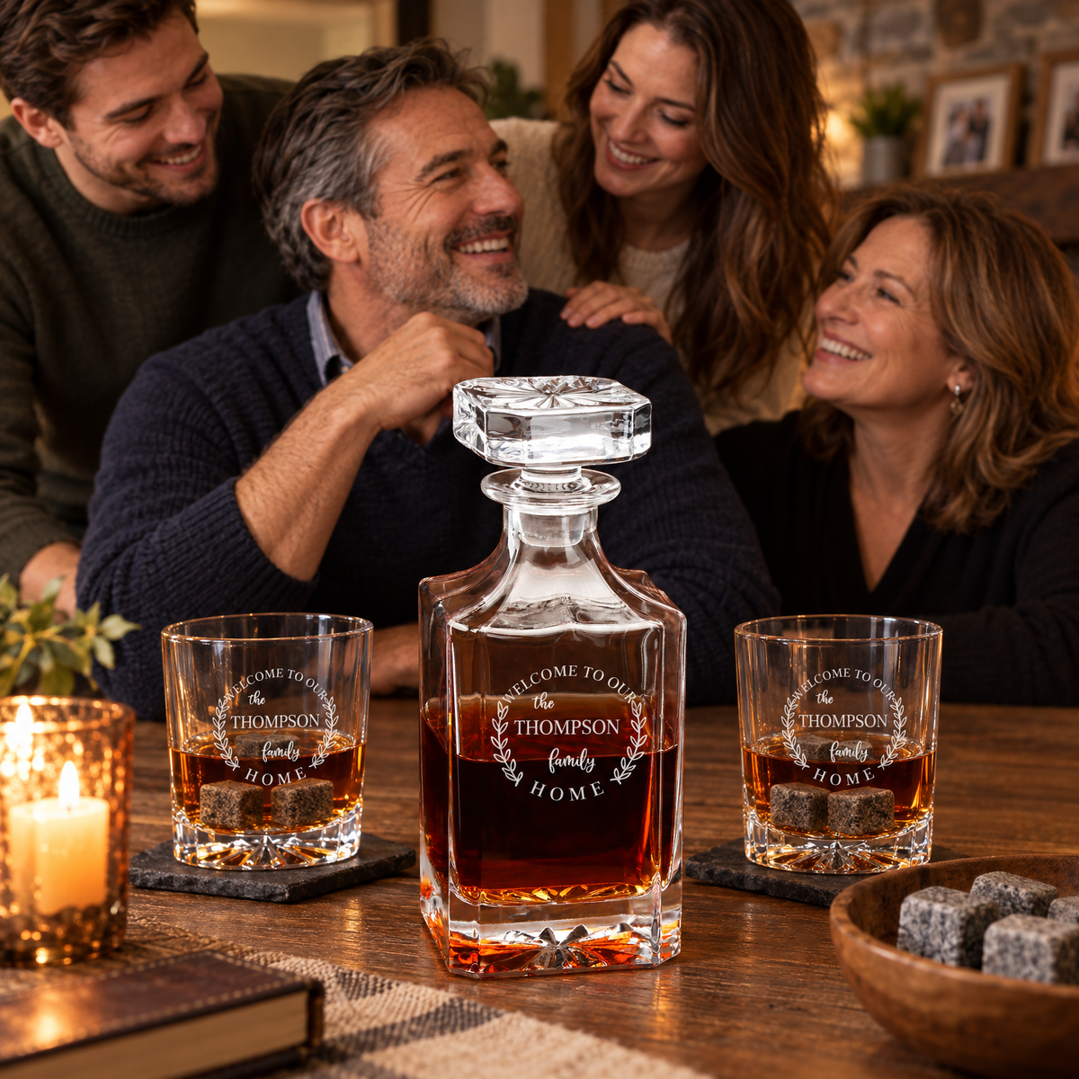Family Gift – Square Decanter Set with 2 Glasses, 9 Whiskey Stones & Wooden Box – image 19