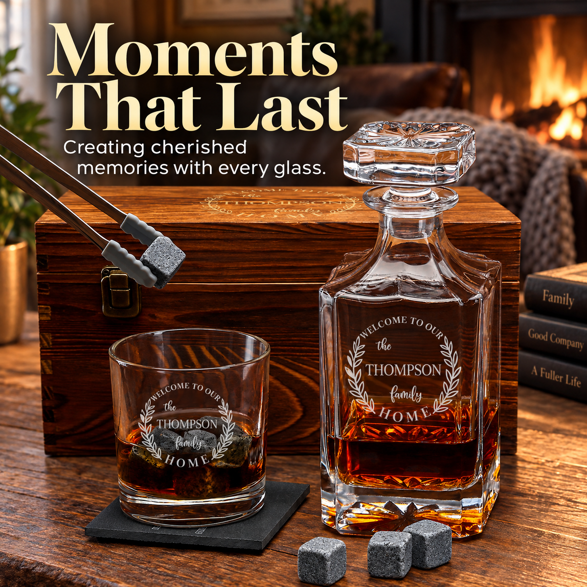 Family Gift – Square Decanter Set with 2 Glasses, 9 Whiskey Stones & Wooden Box product image