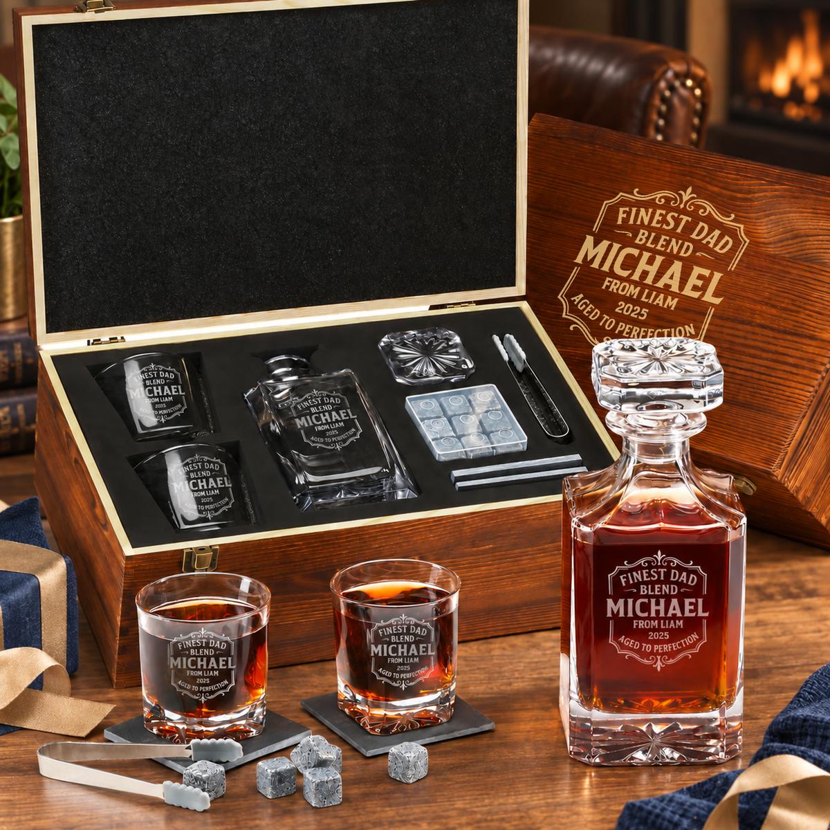 Gift for Father – Square Decanter Set with 2 Glasses, 9 Whiskey Stones & Wooden Box – image 01