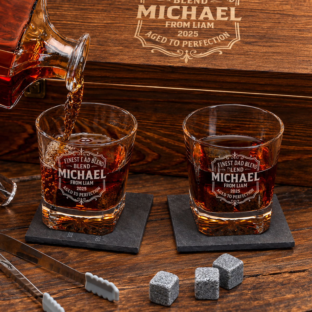 Gift for Father – Square Decanter Set with 2 Glasses, 9 Whiskey Stones & Wooden Box product image