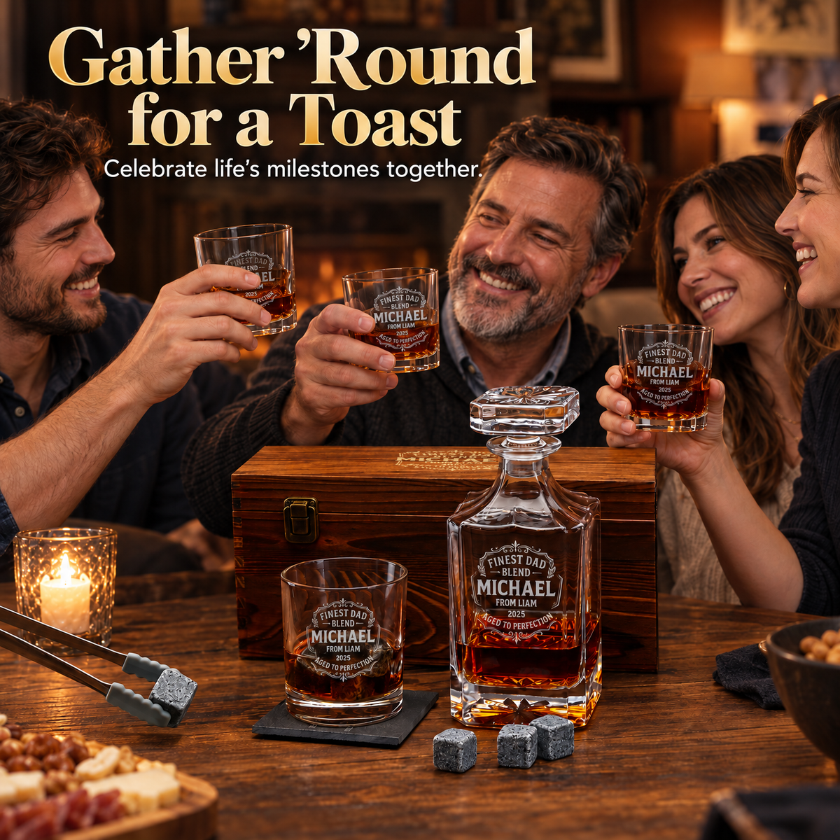 Gift for Father – Square Decanter Set with 2 Glasses, 9 Whiskey Stones & Wooden Box product image