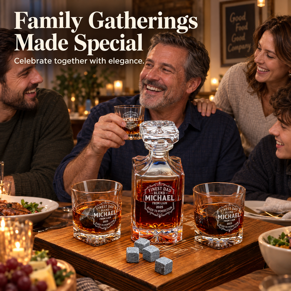Gift for Father – Square Decanter Set with 2 Glasses, 9 Whiskey Stones & Wooden Box product image
