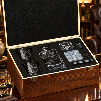 Gift for Father – Square Decanter Set with 2 Glasses, 9 Whiskey Stones & Wooden Box – image 10