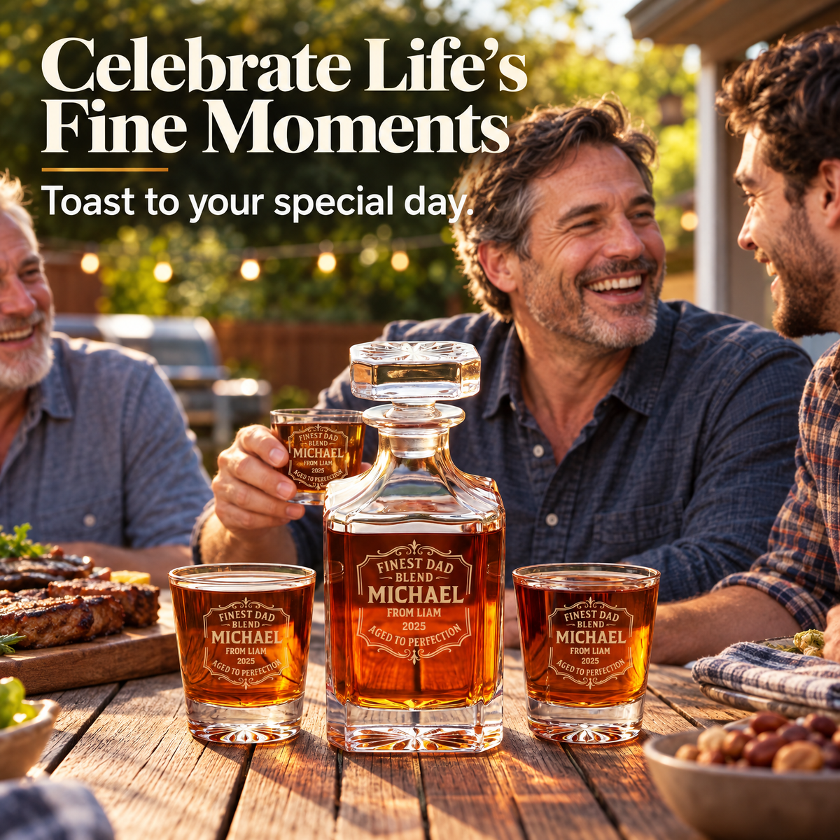 Gift for Father – Square Decanter Set with 2 Glasses, 9 Whiskey Stones & Wooden Box product image