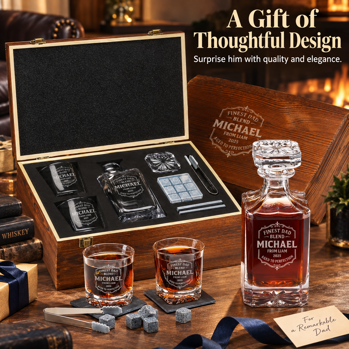 Gift for Father – Square Decanter Set with 2 Glasses, 9 Whiskey Stones & Wooden Box – image 12