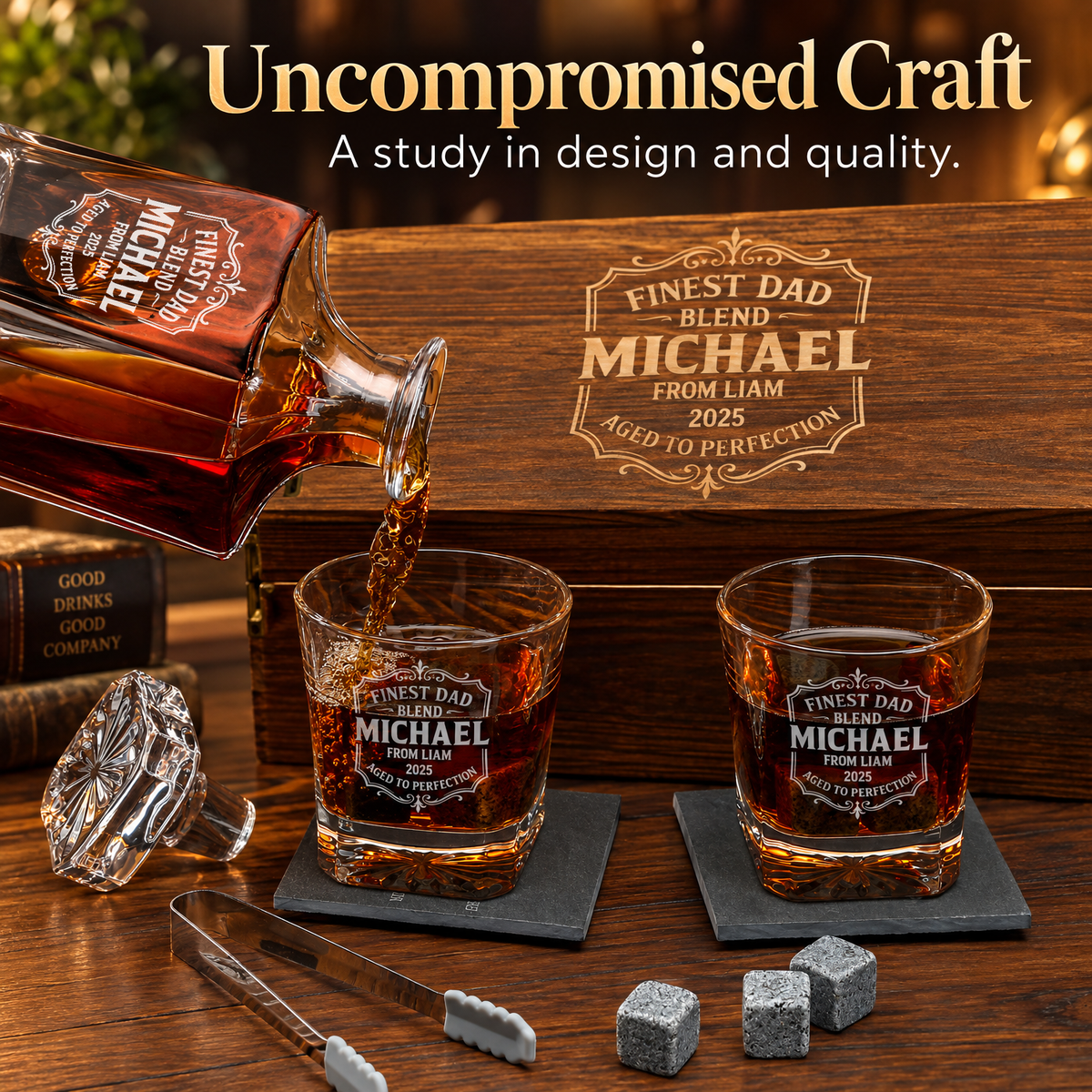Gift for Father – Square Decanter Set with 2 Glasses, 9 Whiskey Stones & Wooden Box – image 14