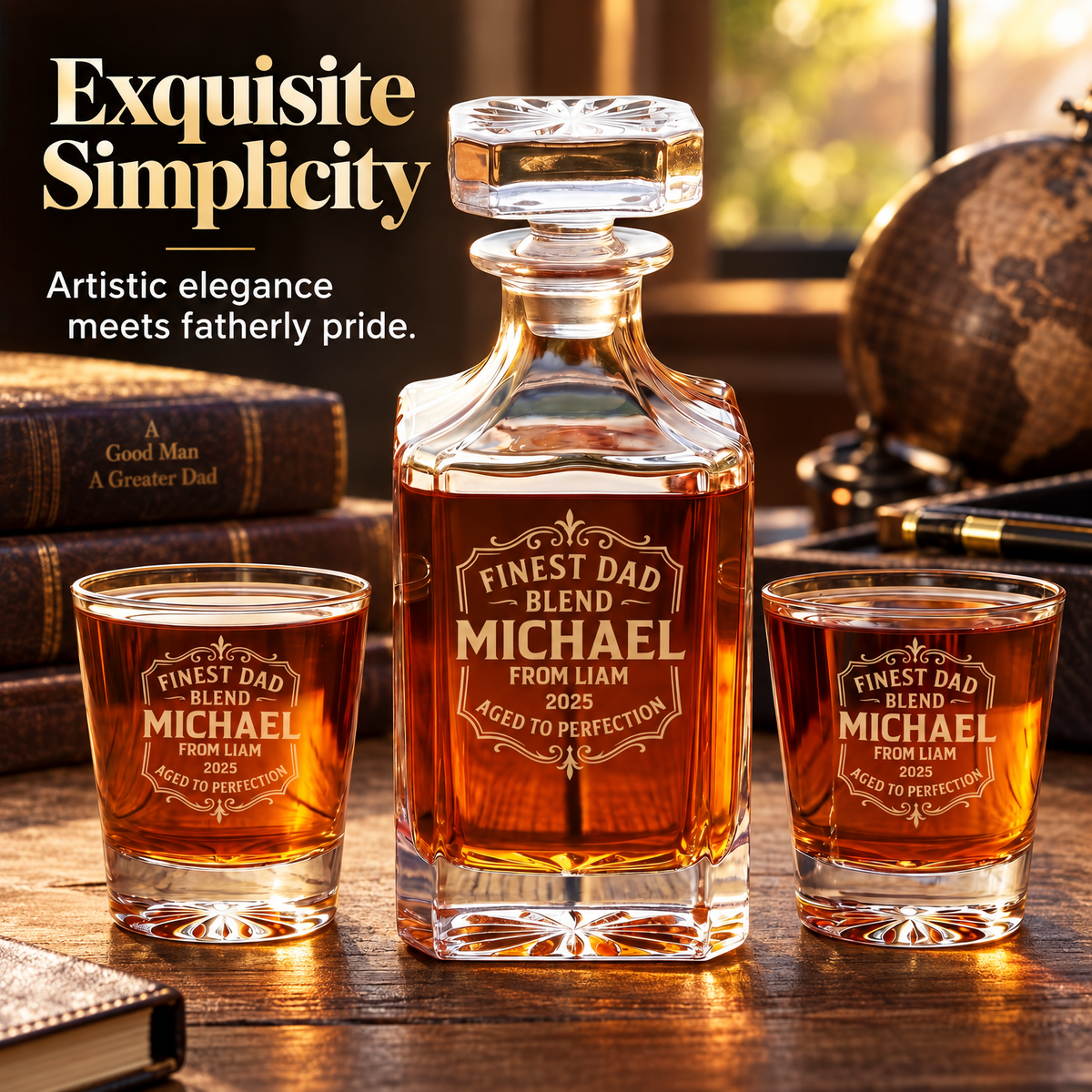 Gift for Father – Square Decanter Set with 2 Glasses, 9 Whiskey Stones & Wooden Box – image 18