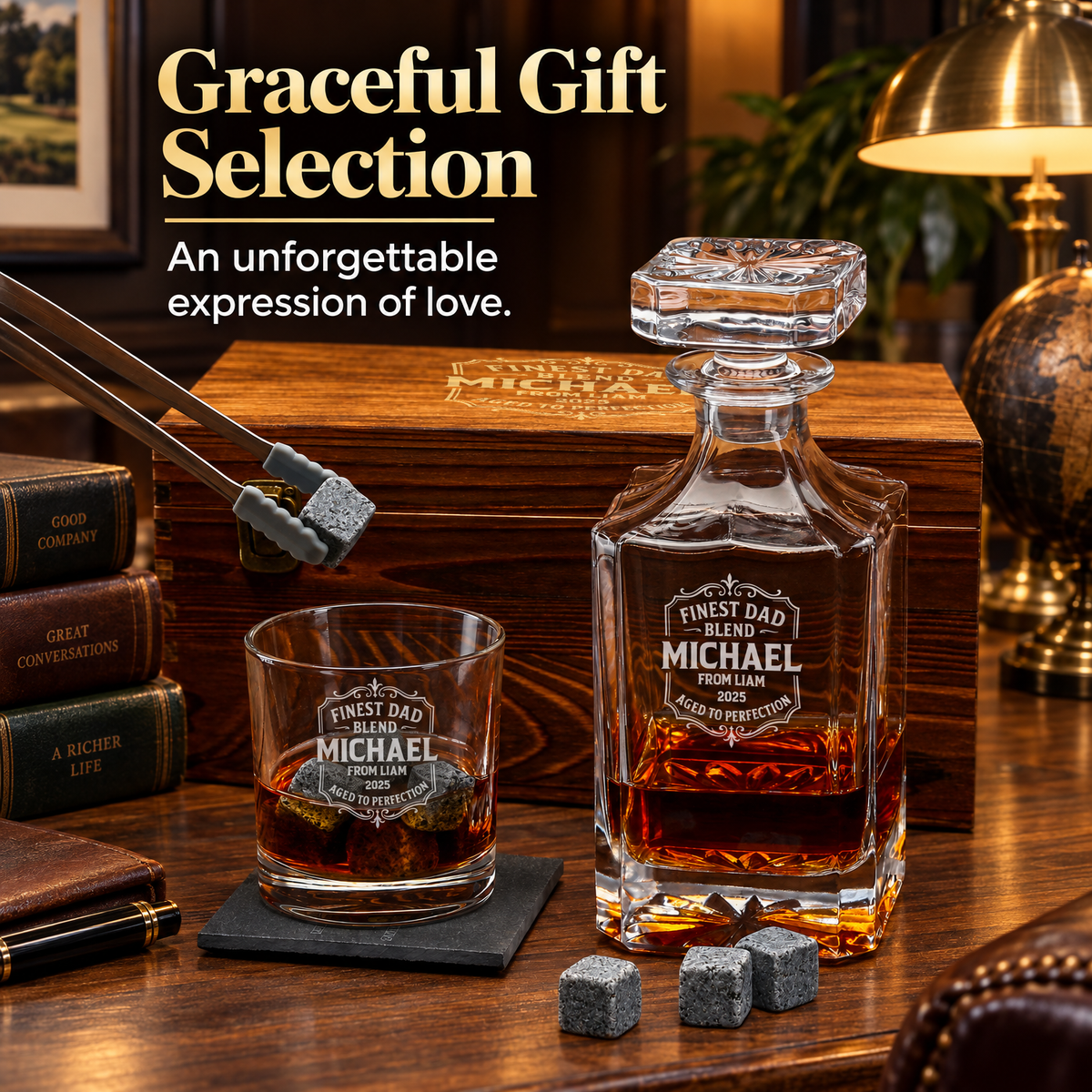 Gift for Father – Square Decanter Set with 2 Glasses, 9 Whiskey Stones & Wooden Box product image