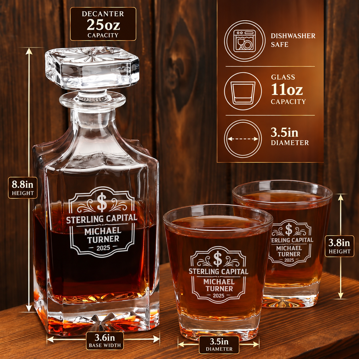 Finance Company Gifts – Square Decanter Set with 2 Glasses, 9 Whiskey Stones & Wooden Box product image
