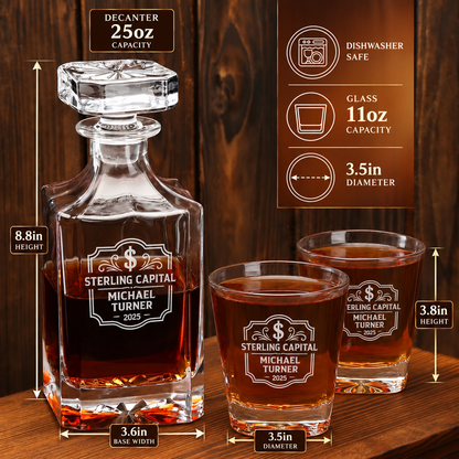 Finance Company Gifts – Square Decanter Set with 2 Glasses, 9 Whiskey Stones & Wooden Box – image 02